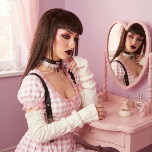 Dollskill Onyx Polished Hearts Lace Choker – Vegan Leather & Pearl Chain OS - Picture 4 of 6